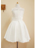 Sheer Neck Ivory Tulle Taffeta Knee Length Flower Girl Dress